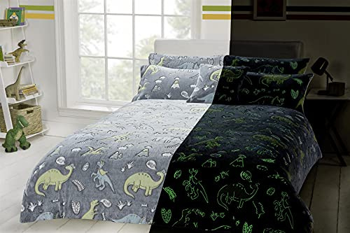 Olivia Rocco Glow In The Dark Teddy Fleece Duvet Cover Sets Soft Warm Kids Bedding Childrens Quilt Covers Set, Dinosaurs Single