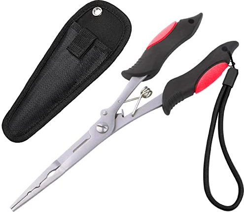 Caija-H Alicates de pesca de punta larga con tijeras, herramienta para quitar anzuelos de pescado, herramienta de alicates para desgarradores/lucios, accesorios de pesca con funda, regalos de pesca