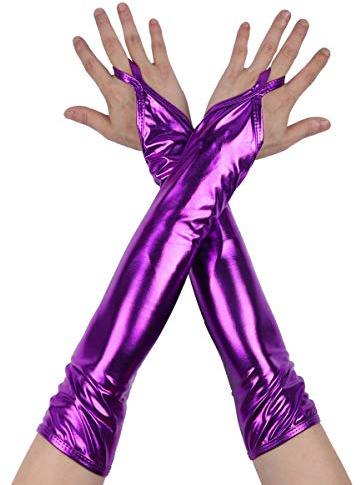 iEFiEL Damen Metallic Fingerlose Handschuhe Silberne Handschuhe Glänzend Armstulpen Fasching Kostüm Zubehör Gothic Punk Tanz Party Clubwear A Lila One Size