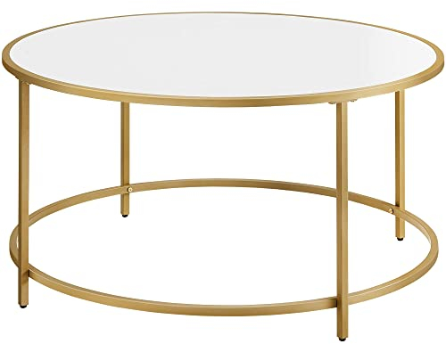 VASAGLE Table Basse Salon, Meuble en Verre, Cadre en AER, Table Basse Ronde, Doré et Blanc LCT091A10