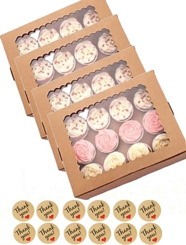 UNIQU 15 Pack Cupcake Boxes 12 hole Cavity Auto Pop Up with Window and Inserts, Kraft Bakery Cookie Boxes Cupcake Containers with Sealing Stickers, Brown