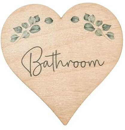 Bathroom Wooden Door Sign | Eucalyptus Leafy Design | Rustic Shabby Chic | Heart Shaped Home Decor Plaque With Sticky Pad