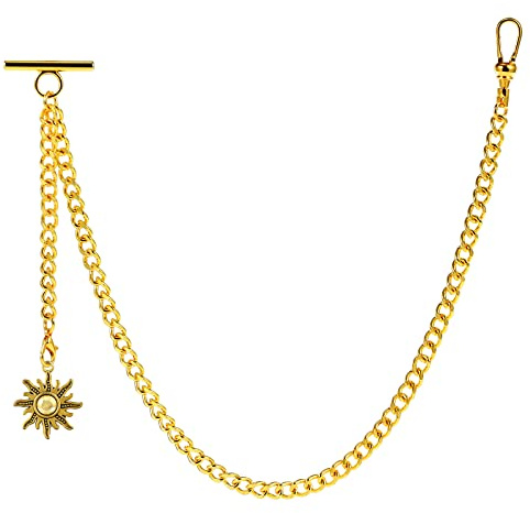 ZTA Albert Chaîne de montre de poche pour homme avec pendentif soleil et fermoir pivotant et barre en T, doré