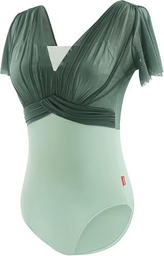 Daydance Green Dance Gymnastikanzug für Damen, Teenager, Mädchen, Lyrical Ballettbody mit verstellbaren Trägern, eine Größe größer