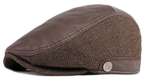 MUYAN Winter Schiebermütze mit Ohrenklappen Flatcap Schirmmütze PU Leder +Tweed Farbblockierung Schlägermütze Cabbie Ivy Gatsby Cap (Braun)