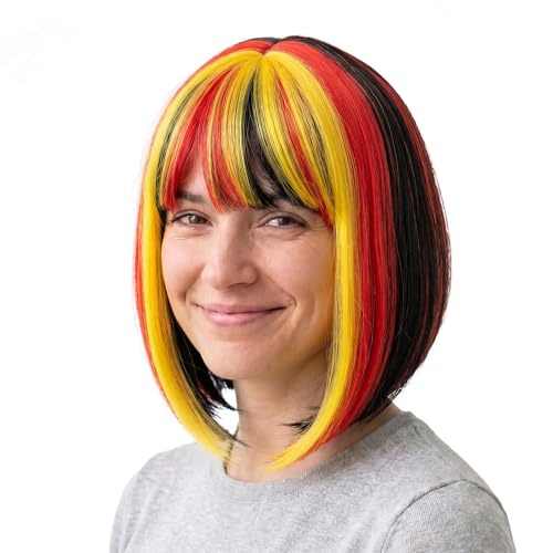 Sonia Originelli Kunsthaar Perücke Bob Kurze Haare Schwarz-Rot-Gelb - Fanartikel Karneval Fasching EM WM Pagenkopf Fan