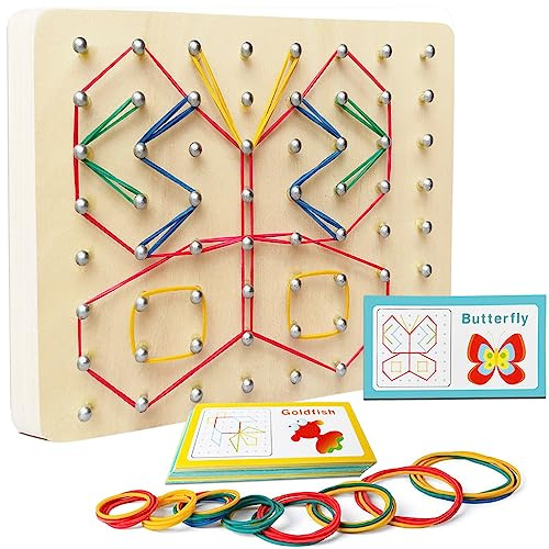 Geoboard in Legno,Giocattolo Montessori per le Abilità motorie Forma Innumerevoli Figure Sulla Lavagna-30 Carte Modello e 60 Elastici Giocattoli Educativi per Bambini dai 3 Anni