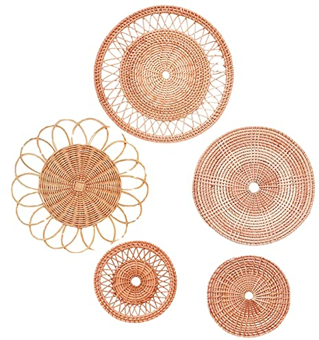 SUREH Juego de 5 cestas de mimbre bohemias para colgar en la pared, hechas a mano, redondas, planas, tejidas, para decoración de sala de estar y dormitorio
