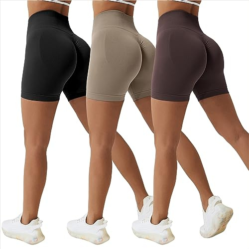 Sfit Damen Scrunch Butt Sport Shorts Kurze Leggings Push Up High Waist Boom Booty Nahtlos Biker Tights Gym Shorts Blickdicht Sporthose für Workout Gym Yoga Fitness(Schwarz+Dunkelbraun+Hellbraun,L)