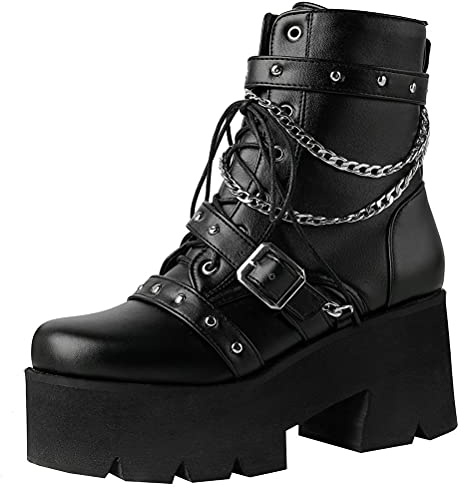 LUXMAX Women Buckle Goth Chunky Platform Ankle Boots Lace Up High Heel Motorcycle Boots with Chain