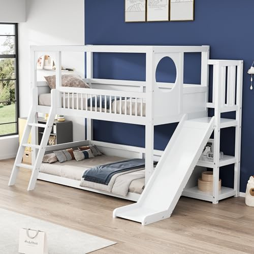 Dolamaní Hochbett 90x200 cm mit Rutsche und Regalen, Etagenbett mit treppe, Multifunktionales Kinderbett mit Rausfallschutz, ohne Matratze, Weiß