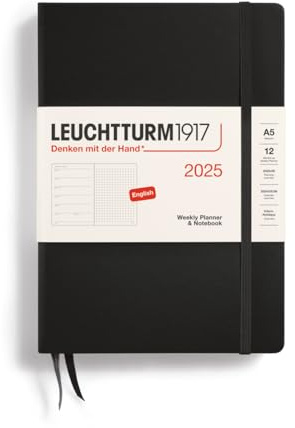 LEUCHTTURM1917 370660 veckokalender och anteckningsbok 2025, medium A5 inbunden – 12-månaders planerare, prickad – svart, engelsk