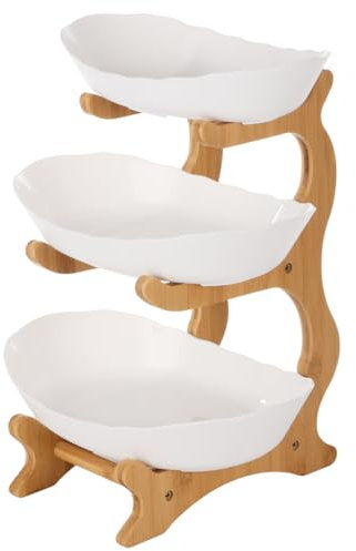 Chewtoyo Fruit Tray Set, 3-Tier Bowl with Bamboo Stand, Plastic and Wood Rack Oval Serving Bowls Large Basket for Kitchen, Stand Fruit Bowls with Desserts, for Sushi, Candies, Serving Fruit
