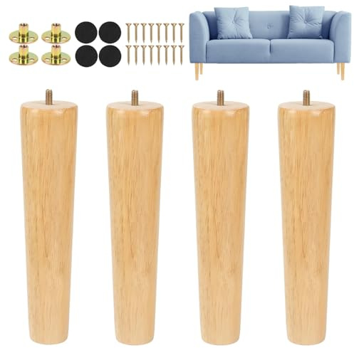 Luabue 4 Pack Wooden Furniture Legs 25cm Chair Legs Table Legs Bed Legs 10 inch Sofa Feet, Solid Rubber Wood Cabinet TV Stand Dresser Couch Furniture Feet with Non-Slip Floor Protection Pads Screws