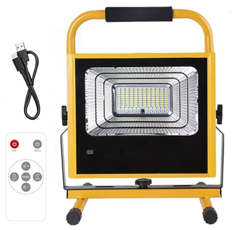 Lampe de Travail a LED 60W 1040LM 8000K IP54 Lumière D'inondation Étanche Interrupteur de Luminosité Réglable Lampe de Travail Portable pour Chantier avec Cordon D'alimentation et Télécommandes