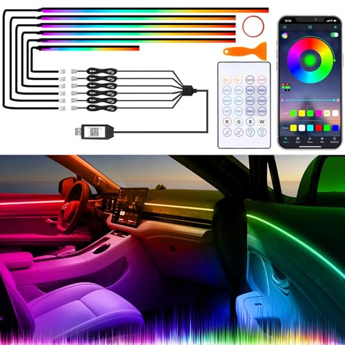 Acrylic Interior Car LED Lights with Wireless APP/Remote/Button Control, 6 in 1 Dreamcolor USB Car Ambient Lighting Kit 16 Million Colors Neon Strip Accessories for Vehicle Inside Decoration