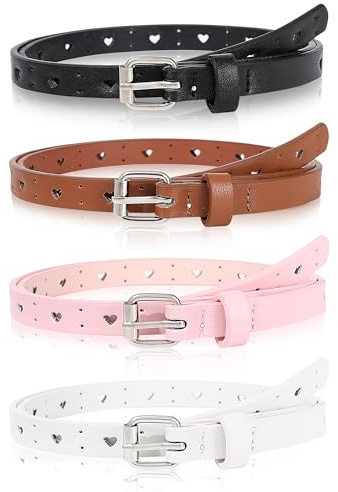 Kajeer Kids Belt for Girls,4 Pcs Durable PU Leather Belt Metal Buckle Heart Circle Hole Youth Toddler Belt for Uniform Casual