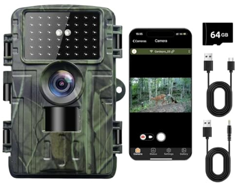 LMHOME Wildkamera 4K 60MP mit WLAN-Übertragung,64GB Speicherkarte, Nachtsichtfunktion, 0,05s Auslösezeit, PIR-Bewegungserkennung, IP67-Wasserdicht, Trail Camera für Jagd & Naturbeobachtung