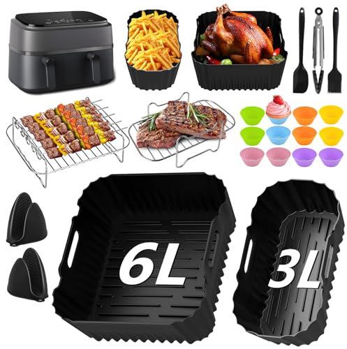 26PCS Air Fryer Accessories for Philips Dual Basket Air Fryer 3000 Series 6L/3L, Reusable Silicone Air Fryer Liners Racks Grill Accessories for Philips Airfryer NA350/00