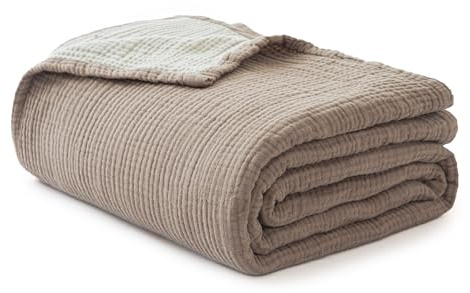 Simple&Opulence 100% Cotton Muslin Blanket Twin Size, Lightweight Breathable 4 Layering Gauze Blanket for Bed Couch Camping, Soft Bedspread Coverlet All-Season Use (Coffee, 68x86)