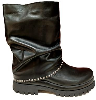 Divine Follie AIS 62 Nero Vera Pelle Bikers da Donna da infilare Borchie Tacco Basso Suola Carrarmato Stivaletti con ghetta risvolto Stivali (36)