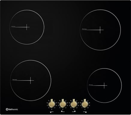 SOLTHERMIC PLACA VITROCERAMICA NEGRA RUSTICA CON MANDOS DORADOS PVTC60 CON 4 FUEGOS / 2 ZONAS GRANDES 1800W / 2 ZONAS MEDIANAS 1200W / 9 NIVELES DE CALOR/ALTA GAMA/MANDOS FISICOS