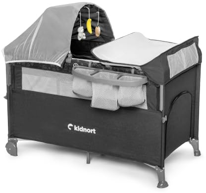 kidnort Stugan Baby Reisebett mit Beistellfunktion Babybett Wickelauflage Moskitonetz Matratze Seiteneinstieg Rollen Faltbar Tragetasche Für Zuhause Und Reise Schlafen Wickeln Dunkelgrau