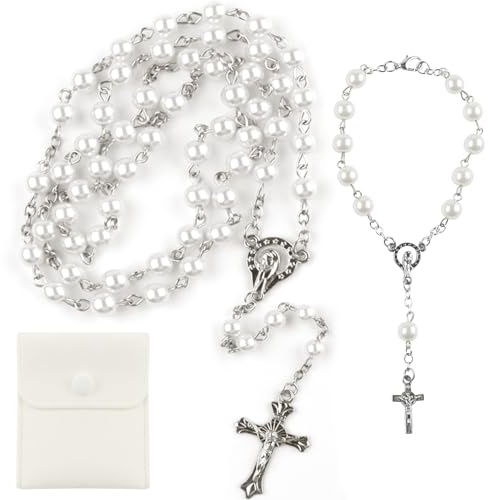 YnewL Rosario católico, 2 unidades, pulseras y collares-firmación, regalos para niñas, perlas sintéticas, rosario con bolsa de regalo de terciopelo, bautizo, comunión, boda/fiesta, Halskette 50cm