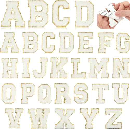 26 Stück Klebebuchstaben Selbstklebende Chenille-Buchstaben-Aufnäher Patches zum Aufnähen Weiß Flicken Sticker Buchstaben zum Aufbügeln für DIY Kleidung Stoff Schuhe Jeans Jacke(Weiß)
