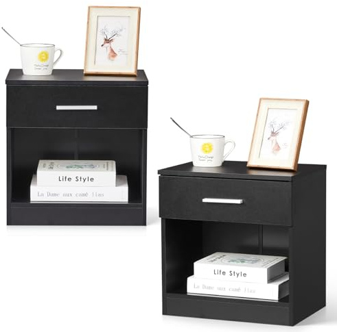 LEADZM Nachttisch 2er Set Nachtschrank Schlichter Beistelltisch Schwarz | Kommode mit offenem Fach und 1 Schublade für Schlafzimmer, Wohnzimmer