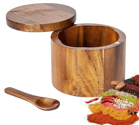 Homirty Salero para Cocina Bambú, Salero para Sal con Tapadera, Caja Almacenamiento de Especias, Recipiente para Sal de Cocina, con Cuchara, para Sale, Especias