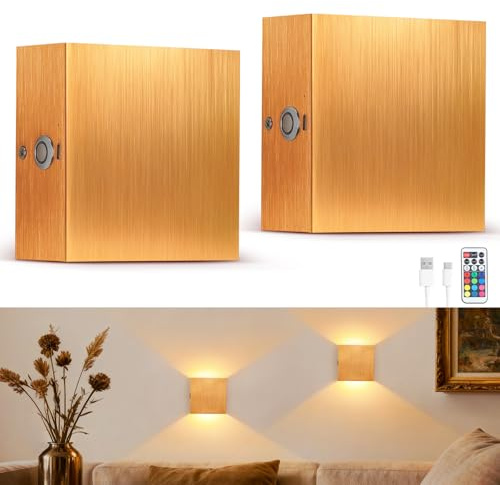 Lightess Wandleuchte Akku mit Fernbedienung Wandlampe Batterie Innen LED Dimmbare Touch Control Up Down Wandleuchte Ohne Stromanschluss 16 Farben USB Ladung 2 Stück für Schlafzimmer Wohnzimmer Gold
