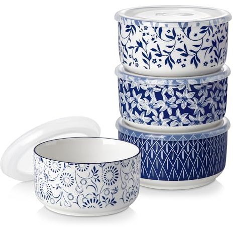 vancasso 36 Oz Ceramic Serving Bowls with Lids Set of 4, Porcelain Lunch Bowls with Lids for Food Storage, Prep Bowl for Kitchen, Microwave & Dishwasher Safe,Series SELENE