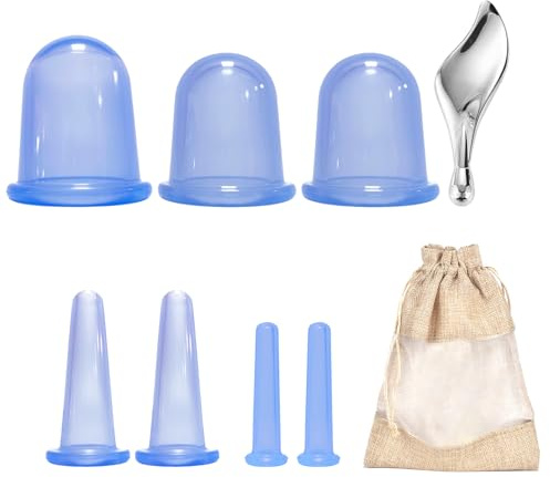 Schröpfgläser Silikon und Gua Sha,7-teiliges Schröpfen-Kit mit Aufbewahrungsbeutel,verschiedenen Größen Cupping Set,Gua Sha Stein für Augen,Schröpfenmassage im Gesicht, Augen, Körper