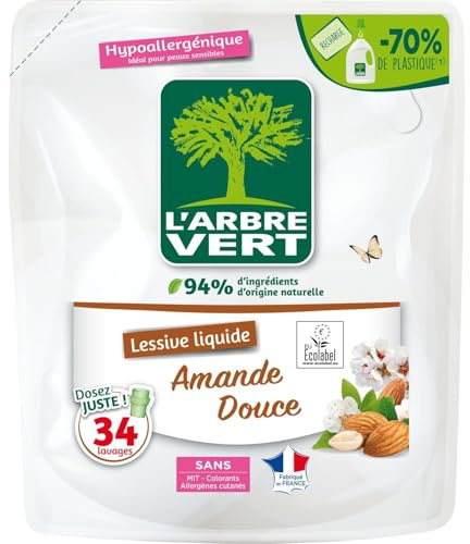 L'ARBRE VERT – Lessive Liquide Hypoallergénique à l’Amande Douce, Douceur Naturelle & Ecolabel (Recharge 1,53L) - Le Lot De 3