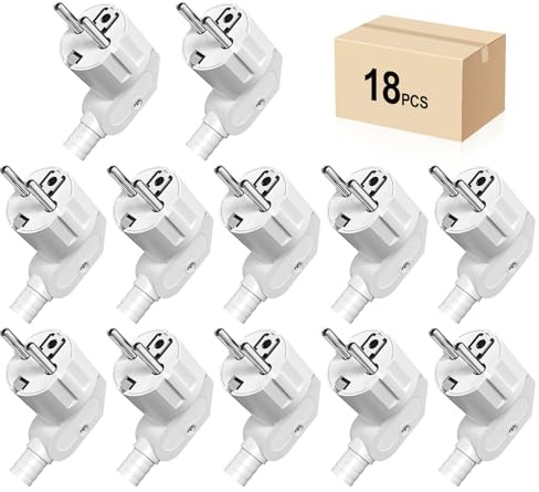Schuko Stecker Winkelstecker 18 Stücke, Schutzkontakt-Stecker mit Knickschutztülle, Stecker 250V (16A), PABANCE Stromstecker Winkelstecker Aussen Wasserdicht, für 8-10mm Kabel, Weiß