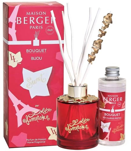 Maison Berger - Difusor aromático Lolita Lempicka 100 ml – Palitos Sauce Vegetal – Larga difusión Elegante, Idea de Regalo para casa refinada – Joya Plana en Hojas de Hiedra Doradas (Rojo)