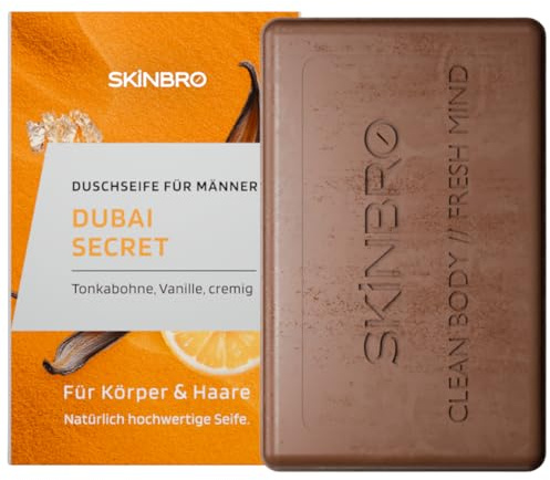 SKINBRO Festes Duschgel Männer Dubai Secret - Duschseife Männer Tonkabohne, Vanille - Made in Germany, Shampoo Herren Vegan & Nachhaltig- Silikonfrei, Seife Stück, feste Seife, Naturseife 100g
