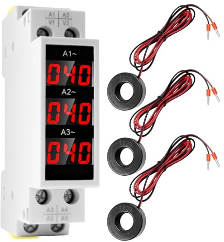 Behogan 3-Phasen-DIN-Schienen-Amperemeter, AC 80-500 V, 1-100 A, Hochpräzises Amperemeter mit 3 Sensoren, Digitaler Energiezähler mit LED-Anzeige, Mess-Trends, Spannungs-Strom-Leistungsmesser