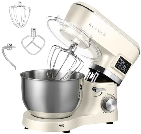 KLAMER Classic Küchenmaschine 1400 W mit 5,5 L Edelstahlschüssel | Knetmaschine mit planetarischem Rührwerk verarbeitet schwere Brotteige mühelos, arbeitet gleichmäßig mit Fermentierfunktion