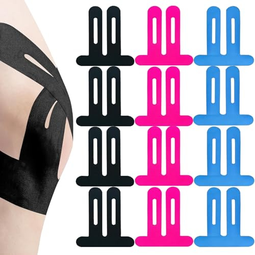 Mockotta 12 Stück PreCut Kinesiotapes Knie,Wasserdichtes und Atmungsaktives Kinesiotapes Vorgeschnitten,Geeignet für Knie,Muskelunterstützung, Knie Tape für Laufen, Training und Regeneration(3 Farben)