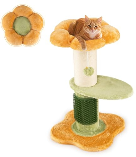 COSTWAY Árbol Rascador para Gatos 60cm, Diseño Flores, Torre Pequeña para Gatitos con Cama Acolchada de Tela Plush, Poste Rascador de Sisal, Bola Colgante, Árbol Pequño para Gatos, Interior (Amarillo)