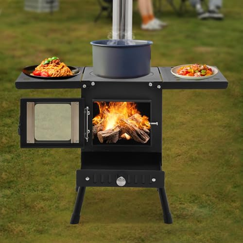 WFIETN - Forno pieghevole da campeggio a legna, fornello da campeggio all'aperto, stufa a legna portatile con canna fumaria, fornello da campeggio autoportante, 36 – 56 cm, altezza regolabile, per