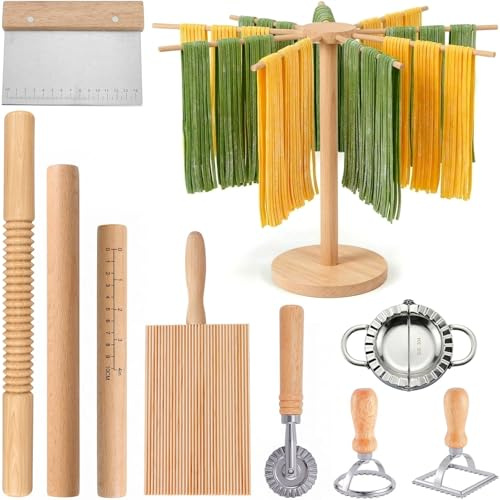 10 Piece Pasta Making Tool Set, Italian Pasta Machine Kit with Ravioli Cutter, Gnocchi Board, Dumpling Press, and Drying Rack for Homemade Fresh Pasta, Ravioli, Dumplings and Gnocchi