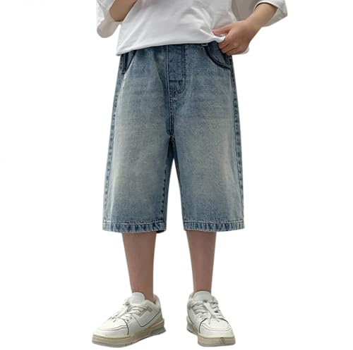 Short en jean longueur genou pour garçons - Short ample en jean d'été - Taille élastique - Jambe droite - Bermuda vintage avec poches - Style hip-hop streetwear