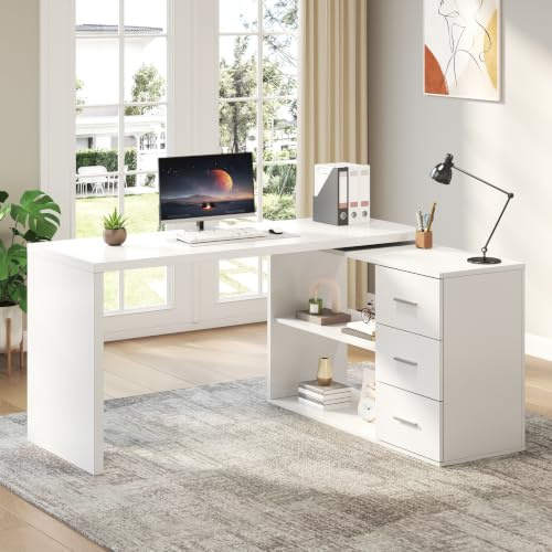 HSH White L Shaped Desk with Drawers Shelves, 360 Rotating Office Computer Desk with Storage Cabinet, Corner Home Office Desk Computer Table, 140 CM