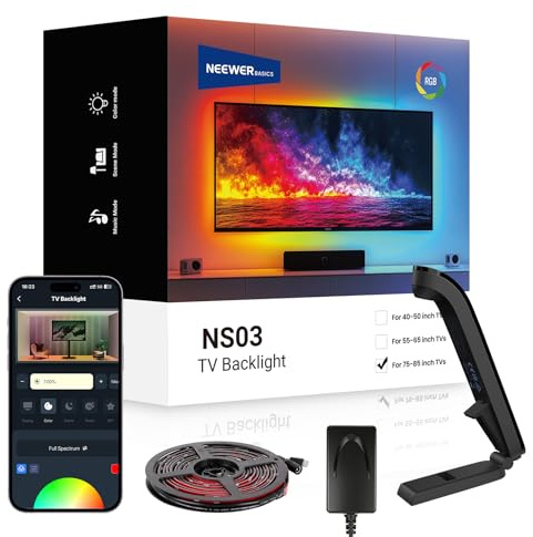 NEEWER Basics TV Retroiluminación para 75-85 Pantallas, 5m Tiras de Luz LED RGB con Sensor Cambio Color Encendido/Apagado Programado Sync Color Sin Retardo Música Sync 24 NS03