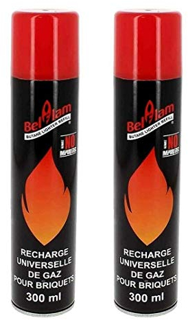 Belfam 2x Kartuschen Butangas-Nachfüllflasche für Feuerzeug 300ml,flambierbrenner, Feuerzeuggas, feuerzeugbenzin 100% Reinheit - 5 Adapters