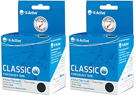 K-Active Kinesiologie Tape Classic SCHWARZ, wasserabweisend und hypoallergen, 50 mm x 5 m, 2 Rollen