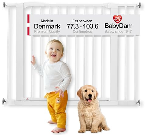 BabyDan Perfect Close, Ohne bohren Treppenschutzgitter, 77,3-103,6 cm, Babygitter/Sicherheitsgitter, Weiß, Hergestellt in Dänemark - (Haustiergitter/Hundegitter)